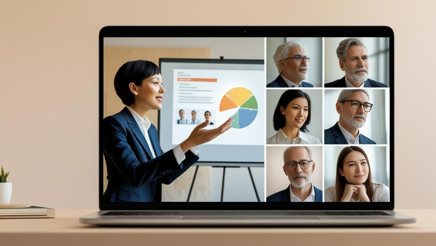 Businesswoman presents data on laptop with video call.