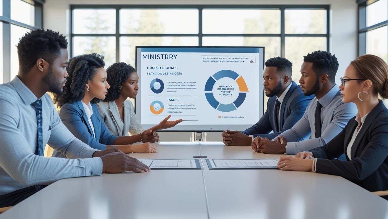 Business meeting discussing goals and targets.